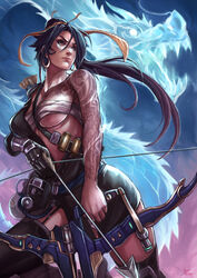 1girls adapted_costume animal anthro antlers arrow artist_name bandages belly belt between_breasts black_gloves black_hair black_legwear black_stockings black_thighhighs blizzard_entertainment blue_background bow_(weapon) breasts brown_eyes chinese_dragon chinese_mythology cleavage costume covered_breasts cowboy_shot curvaceous dated dragon dragon_horns dragon_tattoo earrings eastern_dragon erect_nipples erect_nipples_under_clothes eyelashes fangs fantasy female female_only furrowed_eyebrows furry garter_straps genderswap gloves gradient gradient_background hair_ornament hair_ribbon hairband hanzo hanzo_(female) high_resolution hips holding holding_bow holding_object holding_weapon hoop_earrings horns human jewelry kachima large_breasts legs lingerie lips long_hair looking_away looking_to_the_side mechanical_arm midriff mythology navel nipples nose open_mouth overwatch patreon patreon_logo patreon_username ponytail power_armor purple_background quiver reptile ribbon rule_63 sarashi scales scalie serious signature skirt solo standing stomach strap strap_between_breasts strap_cleavage tabard tattoo teeth thighhighs thighs tied_hair transparent_body underboob underwear very_high_resolution very_long_hair video_game visor wafuku watermark weapon web_address whiskers yellow_hair_ornament yellow_hairband yellow_ribbon