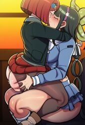 ai_generated ass_cleavage ass_grab blush chabashira_tenko danganronpa danganronpa_v3 danganronpa_v3:_killing_harmony dumptruck_ass eycocho lesbian_couple lesbian_kiss lesbians_kissing ripped_clothing ripped_tights saliva saliva_on_face skirt_lift yumeno_himiko yuri