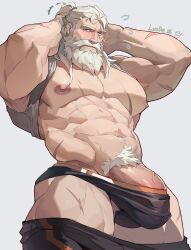 bara beard big_pecs daddy dilf hands_behind_head luodejun male male_only overwatch reinhardt scar scar_across_eye scar_on_face solo white_hair