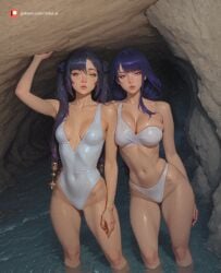 2girls ai_generated aisinful ass beach big_ass big_breasts big_butt bikini blush breasts female genshin_impact green_eyes hi_res large_breasts lips long_hair looking_at_viewer medium_breasts mona_(genshin_impact) multiple_girls navel ocean one-piece_swimsuit partially_submerged pool poolside purple_hair raiden_shogun realistic sand soaking_feet swimsuit thick_thighs thighs wading water wet white_bikini white_swimsuit wide_hips