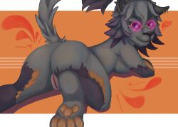 ass big_breasts breasts butt_focus ear_piercing ear_ring epic_games eyewear female fortnite fur genitals glasses grey_body grey_fur heterochromia hi_res lying nude on_front orange_body orange_fur pawpads piercing pink_eyewear pink_glasses purple_body purple_fur ring_piercing simple_background solo tail the_snow_irbis vulva wolfie_(fortnite)
