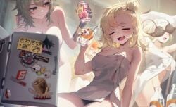 4girls :d absurdres aged_up anger_vein artist_logo black_bra blonde_hair bottle bra breasts burnice_white caesar_king_(zenless_zone_zero) can closed_eyes closed_mouth collarbone commentary_request convenient_censoring drink_can female female_only glass_bottle green_hair highres holding holding_bottle holding_can holding_towel large_breasts logo long_hair looking_at_object luciana_de_montefio multiple_girls naked_towel navel nude open_mouth open_towel piper_wheel prosthesis prosthetic_hand refrigerator short_hair shouting smile smug stomach sushispin towel underwear very_long_hair yellow_eyes zenless_zone_zero