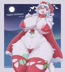 2025 anthro areola areola_slip arm_tuft big_breasts blush breasts camel_toe chest_tuft christmas christmas_clothing christmas_headwear clothed clothing domestic_cat english_text exyli eyewear felid feline felis female female_anthro glasses hat headgear headwear hi_res holidays holly_(plant) mammal matt_(exyli) missing_arm moon mtf_crossgender night outside plant red_eyes rule_63 santa_hat shoulder_tuft skimpy solo text torn_thigh_highs tuft undersized_clothing