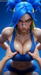 1girls 3d ai_assisted ai_generated alternate_breast_size asian asian_female bandaid big_breasts blue_hair breast_press breast_squeeze breast_squish breasts breasts_bigger_than_head brown_eyes disgusted eye_contact female female_focus front_view gradient_background hands_on_breasts hazel_eyes hi_res high_resolution highres huge_breasts lips lipstick looking_at_viewer minekezhe multicolored_hair neon_(valorant) riot_games round_breasts self_upload side_view simple_background sleeveless sweat sweatdrop sweating sweaty sweaty_breasts tagme valorant video watermark yellow_hair
