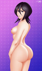 1girls ass back bare_ass bare_back big_ass black_hair bleach blue_background breasts completely_nude completely_nude_female female female_only gradient gradient_background hair_between_eyes jassycoco kuchiki_rukia large_ass legs looking_at_viewer looking_back medium_breasts naughty_face neck nipples nude nude_female open_mouth purple_background purple_eyes round_teeth rukia_kuchiki short_hair sideboob smile solo solo_female standing teeth two-tone_background upper_teeth