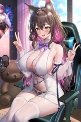 2girls amanogawa_shiina amanogawa_shiina_(cosplay) animal_ear_fluff animal_ears big_breasts blue_sky breasts brown_hair chair chisaka_airi cleavage cloud cosplay covered_erect_nipples covered_navel curtains day detached_sleeves double_v fat_tits hair_ornament hairclip highres honkai:_star_rail honkai_(series) huge_breasts indoors kafka_(honkai:_star_rail) large_breasts long_hair looking_at_viewer massive_breasts multicolored_hair multiple_girls nipples_visible_through_clothing oerba_yun_fang on_chair open_mouth phase_connect pink_hair see-through_clothes see-through_sleeves sideboob sitting skin_fang sky smile studiopokotan stuffed_animal stuffed_toy teddy_bear thick thick_thighs thighhighs thighs two-tone_hair v virtual_youtuber vtuber white_thighhighs window yellow_eyes