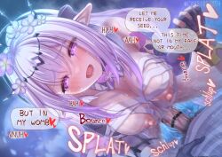 1boy bandages bar_censor black_gloves blush breasts bug butterfly caelus_(honkai:_star_rail) can_(canzume) castorice_(honkai:_star_rail) censored commentary_request elbow_gloves english_text female fingerless_gloves gloves holding_hands honkai:_star_rail honkai_(series) large_breasts large_variant_set long_hair male_pubic_hair nipples open_mouth penis pink_hair pubic_hair purple_eyes sex shirt speech_bubble straight tiara trailblazer_(honkai:_star_rail) twitter_username vaginal_penetration variant_set white_shirt