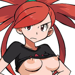 00s 1girls blush breasts embarrassed erect_nipples female female_only flannery_(pokemon) flannery_(pokemon_rse) gomatarou gym_leader human human_only light-skinned_female light_skin long_hair nintendo nipples pointy_chin pokemon pokemon_rse ponytail red_hair shirt_lift simple_background solo tied_hair white_background