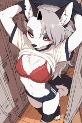 ai_generated anthro bloomers bra buruma changing female furry gym_clothes gym_uniform hellhound helluva_boss locker_room loona_(helluva_boss) miragetheone small_breasts socks taking_clothes_off thighhighs wolf