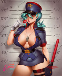 1girls areolae baton belt big_breasts breasts cleavage clothing erect_nipples erect_nipples_under_clothes female female_focus female_only handwear headwear human human_only inner_sideboob large_breasts looking_at_viewer mugshot nightstick nipple_bulge nipples officer_jenny_(pokemon) pokemon police saliva solo solo_female solo_focus taboolicious traffic_baton unhappy_female uniform