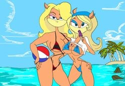 2girls animal_ears anthro arms_up bandicoot bare_shoulders beach beachball big_breasts bikini bikini_bottom bikini_top blonde_hair blue_eyes busty cleavage coco_bandicoot coco_bandicoot_(crash_of_the_titans) crash_bandicoot_(series) curvy day detailed_background erect_nipple erect_nipples eyeshadow female female_only front_view furry g-string green_eyes hairband hand_on_hips hands_on_hip hands_on_hips headscarf holding_object hourglass_figure humanoid ice_cream long_hair looking_at_viewer mammal manic47 micro_bikini midriff nipple_bulge outdoor outside pose posing rock skimpy smiling standing swimsuit tail tawna_bandicoot tree underboob video_game voluptuous water wide_hips yellow_hair