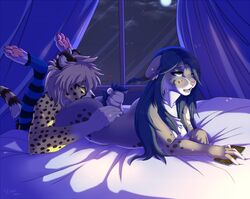 2017 acino acino_(artist) anthro bed blonde_hair blue_hair breasts cellphone cheetah chest_tuft claws clothing cunnilingus duo ear_piercing feline female fur hair heart legwear lying lynx male mammal nude on_front one_eye_closed open_mouth oral pawpads phone piercing sex stockings straight striped_legwear stripes tail_grab tuft vaginal_penetration