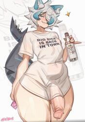 absurd_res alcohol beverage big_penis blue_highlights bottomless clothed clothing condom femboy furgonomics furry-specific_piercing genital_piercing genitals hair hi_res highlights_(coloring) holding_beverage holding_condom holding_object huge_filesize human humanoid looking_at_viewer male mammal penis penis_piercing piercing scar sexual_barrier_device sharkcat shirt shirt_only smug_face solo tail tail_piercing tail_scar thick_tail thick_thighs topwear topwear_only translucent translucent_clothing tttinkaaaaa white_body white_hair wide_hips
