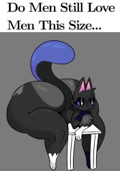 anthro ass big_butt chest_tuft chronicmeowmeow digital_media_(artwork) fur furniture grey_body huge_butt hyper hyper_butt male mammal maxy_(chronicmeowmeow) meme nude simple_background solo table tail text thick_thighs tuft wide_hips