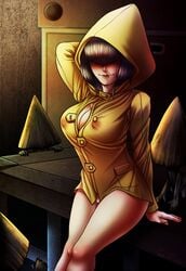 aged_up alternate_version_available breasts cleavage clothing coat cum_in_mouth female female_protagonist large_breasts lips little_nightmares nipples_visible_through_clothing nome_(little_nightmares) outerwear pocki07 pussy raincoat six_(little_nightmares)