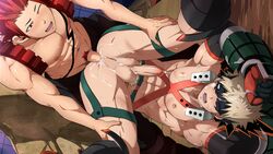 2boys abs anal ass ass_juice balls barefoot blonde_hair blush bruises cum cum_in_ass cumdrip eijirou_kirishima katsuki_bakugou licking male male_focus male_only mazjojo multiple_boys muscles my_hero_academia outdoors pecs penis red_hair sex sweat uncensored yaoi