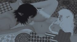 1boy asian asian_male bed bedroom black_hair breasts breasts_out closed_eyes cunnilingus curly_hair dnd5e dnd_character dnd_homebrew drow elf elf_ears elf_female elf_femboy elf_futa elf_girl fantasy feet female lace lace-trimmed_thighhighs lace_trim moaning oc open open_mouth original_art original_artwork original_character original_characters pillows pussy pussy_eating pussy_hair queer semi_nude shirt_down shirt_pull shirtless thick_thighs thighhighs thighs transgender transgender_woman white_hair white_pubic_hair white_pussy