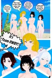 4girls arrancon beach black_hair black_hair_female blake_belladonna blonde_female blonde_hair blue_eyes cat_ears dialogue english_text female female_only long_hair long_hair_female multiple_girls nude_female ocean purple_eyes red_highlights robotic_arm ruby_rose rwby scar_across_eye silver_eyes team_rwby text weiss_schnee white_hair white_hair_female yang_xiao_long yellow_eyes