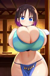 ai_generated black_hair blue_eyes dancing elma_(dragon_maid) exotic_dancer female huge_breasts miss_kobayashi's_dragon_maid short_hair two-tone_hair