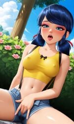 1girls ai_assisted ai_generated bare_legs bare_midriff bare_shoulders bare_thighs black_hair blue_eyes blue_hair blue_sky blush breasts bush cloud collarbone covered_nipples crop_top day denim denim_shorts disney disney_channel dutch_angle erect_nipples erect_nipples_under_clothes eyebrows eyelashes eyeliner eyeshadow female female_masturbation fingering fingering_pussy fingering_self fingernails flower hand_in_pants hi_res hourglass_figure hourglass_figured_female ladybug_&_cat_noir:_the_movie ladybug_(character) large_breasts lipstick long_eyelashes looking_pleasured makeup marinette_cheng marinette_dupain-cheng mascara masturbating masturbation medium_breasts midriff miraculous:_tales_of_ladybug_and_cat_noir miraculous_ladybug navel open_fly open_mouth open_shorts orgasm orgasm_face outdoor_masturbation outdoors outside outside_masturbation petite petite_body petite_female pink_flower pleasure_face pussy pussy_juice pussy_juice_drip pussy_juice_drip_through_clothes pussy_juice_stain realistic saliva shiny_skin shirt short_shorts shorts sitting sky sleeveless sleeveless_shirt solo spread_legs suspender_shorts suspenders swept_bangs tank_top tongue twintails waifufamily yellow_shirt yellow_tank_top