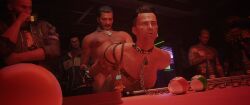 3d 3d_model 3d_render billiard_table cd_projekt_red cgi chains club cyberpunk cyberpunk_2077 daddy dilf exhibitionism exhibitionist fucked_from_behind gay gay_male hairy hairy_chest lock_necklace male male/male male_only muscles nightclub nudity pepe_najarro_(cyberpunk_2077) pool_table souperman v_(cyberpunk_2077)