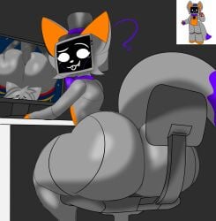 ? ambiguous_gender animatronic anthro ass ass_focus big_butt canid canine chair clothing electronics for_a_head fox furniture hat headgear headwear hi_res huge_butt looking_at_viewer machine mammal nyan_(pursuitcore) object_head on_chair pursuitcore reference_image roblox roblox_game robot roflpix_(pursuitcore) screen screen_face screen_head sitting sitting_on_chair sketch solo television top_hat tv_head xionthedog