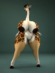 3d anthro anthroanim big_breasts breasts digital_media_(artwork) female fur furry furry_only giraffe hair huge_breasts hyper hyper_breasts kenja_giraffe large_breasts looking_at_viewer mammal nude pussy simple_background smile solo standing thick_thighs uncensored wide_hips