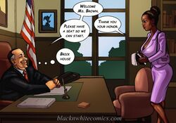 1boy 1girls blacknwhitecomics brown_hair cleavage comic dark-skinned_female dark_skin dialogue diane_brown english_text female hairbun huge_breasts human human_only interracial light-skinned_male light_skin male mayor_white office_lady older_male skirt the_mayor watermark yair