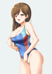 1girls breasts cleavage female female_only idolmaster idolmaster_cinderella_girls large_breasts miyashita_maka nitta_minami one-piece_swimsuit pussy solo swimsuit swimsuit_aside