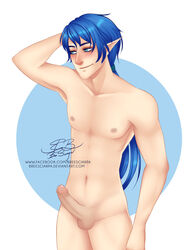 1boy blue_eyes blue_hair blush breesciarpa eldarya ezarel first_porn_of_franchise male male_only pointy_ears ponytail solo