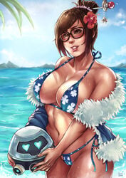 <3 -lined_jacket 1girls abs absurdres adapted_costume alternate_costume artist_name asian bangs beach beads bikini bikini_bottom bikini_top black-framed_eyewear black-framed_glasses blizzard_entertainment blue_bikini blue_jacket blue_sky blue_swimsuit breasts brown_eyes brown_hair chinese cleavage clothing coat collarbone costume curvy dated day drone eyelashes eyewear female female_only floral_print flower fur_coat fur_trim glasses hair_bun hair_flower hair_ornament hair_stick heart heart-shaped_pupils highres holding_object huge_breasts human jacket jewelry kachima large_breasts long_hair looking_at_viewer megane mei-ling_zhou mei_(overwatch) midriff nature navel nipple_bulge open_clothes open_jacket outdoors overwatch parka petite robot signature sky smile snowball_(overwatch) solo standing stomach sweat sweaty swept_bangs swimsuit symbol-shaped_pupils tied_hair water white_fur winter_coat