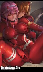 2girls asuka_langley_sohryu bodysuit breast_grab clothing crossover dantewontdie darling_in_the_franxx erect_nipples erect_nipples_under_clothes female female_only fingering grabbing green_eyes hairband horns jpg large_breasts long_hair multicolored multicolored_bodysuit multicolored_clothes multiple_girls neon_genesis_evangelion orange_hair pilot_suit pink_hair plugsuit red_bodysuit shiny shiny_hair signature spread_legs yuri zero_two_(darling_in_the_franxx)