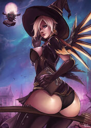 1boy 1girls alternate_costume ass book breasts breasts_out broom clothed dat_ass dr_junkenstein duo female full_moon halloween hat holidays human junkrat kachima large_breasts male mechanical_wings mercy night outdoors overwatch sitting witch witch_hat witch_mercy