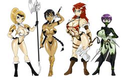 4girls alternate_version_available armband arms_up axe bare_shoulders battle_axe belt big_breasts black_gloves black_hair blonde_hair blue_eyes bracer braid braids brown_skin busty choker cleavage curvy dagger dark-skinned_female dark_skin drawing_sword female female_only footwear front_view gloves group hairband halberd hand_on_hips hands_on_hip hands_on_hips high_heel_boots high_heels holding_object hourglass_figure human humanoid knife leotard long_hair manic47 mask midriff multiple_females multiple_girls original_character pink_hair polearm ponytail purple_hair red_hair sai_(weapon) shiny shiny_skin short_hair simple_background standing sword tied_hair underboob very_long_hair voluptuous weapon white_background wide_hips yellow_hair