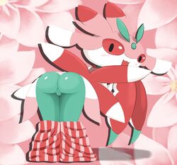 1girls antennae arthropod ass blush female female_only flora_fauna green_body insect insect_wings looking_at_viewer lurantis mantis mrmochi nintendo open_mouth pants_down pink_body plant pokemon pussy red_body red_sclera shadow solo stripes wings