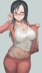 1girl 1girls adjusting_glasses black_hair blush cleavage clothing demi-chan_wa_kataritai female female_only glasses large_breasts long_hair midriff navel purple_eyes satou_sakie slq solo succubus track_jacket track_suit wet_shirt yohan1754