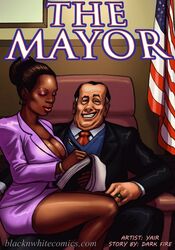 1boy 1girls american_flag artist_name black_'n'_white_comics blacknwhitecomics boss_and_subordinate chubby_male cleavage comic cover_page dark-skinned_female dark_skin diane_brown english_text female hairbun human human_only interracial legs light-skinned_male light_skin male mayor_white older_male sitting_on_lap smile straight thick_thighs thighs watermark yair