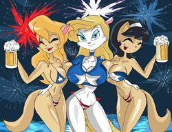 3girls 4th_of_july alcohol animal_ears animaniacs anthro arms_up bare_shoulders beer beer_mug big_breasts bikini bikini_bottom bikini_top black_hair blonde_hair blue_eyes brown_hair busty callie_briggs catgirl choker cleavage closed_eyes crossover curvy detailed_background drunk erect_nipple erect_nipples feline female female_only fireworks fluffy_tail front_view furry g-string glass group hairband hand_on_hips hands_on_hip hands_on_hips holding_object hourglass_figure humanoid kitty_katswell long_hair looking_at_viewer manic47 micro_bikini midriff minerva_mink multiple_females multiple_girls nickelodeon night nipple_bulge open_mouth outdoor outside partially_submerged pose posing shiny shiny_skin short_hair standing swat_kats swimsuit t.u.f.f._puppy tail voluptuous warner_brothers water wide_hips yellow_hair yuri