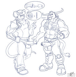 anthro balls biker_mice_from_mars bovine cattle clothed clothing crossover duo erection genital_piercing humanoid_penis line_art male male_only mammal modo_(bmfm) monochrome mouse muscular penis penis_piercing penis_through_fly piercing poking_out prince_albert_piercing purple_theme rodent standing the_dakota_dude uncut wild_west_c.o.w.-boys_of_moo_mesa wolfblade