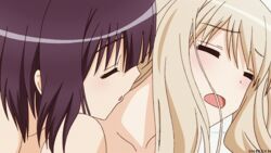 2girls animated animated_gif anus black_hair blonde_hair blush censored closed_eyes collarbone couple fingering kawamura_reo licking moaning multiple_girls neck_lick nude official pussy pussy_juice sawaguchi_mai screenshot sono_hanabira_ni_kuchizuke_wo watermark yuri