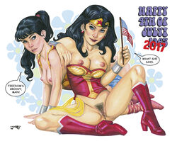 2girls 4th_of_july adapted_costume ass athletic black_hair blue_eyes boots bottomless bracelet breasts busty corset dc dc_comics donna_troy female female_focus female_only fit fit_female holidays hourglass_figure labia long_hair multiple_females multiple_girls ponytail pubic_hair pussy spread_legs tcatt teen_titans thick_thighs tied_hair topless vagina wonder_girl wonder_woman wonder_woman_(series)