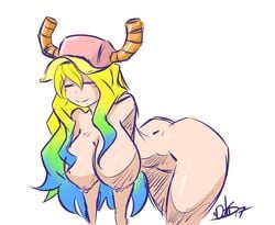 ass bent_over breasts closed_eyes dahs dragon_girl dragon_horns female hanging_breasts hat horns large_breasts long_hair miss_kobayashi's_dragon_maid multicolored_hair nipples nude quetzalcoatl_(dragon_maid) simple_background smile solo white_background wide_hips