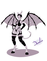 bat_wings black_sclera dazol demon demon_girl demon_horns demon_tail demon_wings female flat_chest hooves horns leather leather_pants monochrome narrow_waist navel original pointy_ears short_hair succubus tail thick_thighs wide_hips wings