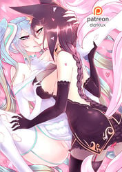 2girls ahri breast_grab breasts cleavage darklux duo female female_only garter_belt kissing league_of_legends panties sona_buvelle spread_legs thighhighs yuri