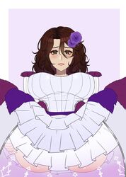 1girls ass bedroom_eyes bride brown_hair come_hither cryptid_crab flower green_eyes grin gundam gundam_00 hair_between_eyes hair_flower huge_breasts large_ass looking_at_viewer presenting smile solo solo_female spread_legs sumeragi_lee_noriega wedding_dress