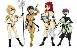 4girls alternate_version_available armband arms_up axe bare_shoulders battle_axe belt big_breasts black_gloves black_hair blonde_hair blue_eyes bracer braid braids brown_skin busty choker cleavage curvy dagger dark-skinned_female dark_skin drawing_sword facing_viewer female female_only footwear front_view full_body gloves group hairband halberd hand_on_hips hands_on_hip hands_on_hips high_heel_boots high_heels holding_object hourglass_figure human humanoid knife leotard long_hair looking_at_viewer manic47 marking markings mask midriff multiple_females multiple_girls original_character pink_hair polearm ponytail purple_hair red_hair sai_(weapon) shiny shiny_skin short_hair simple_background standing sword tied_hair underboob very_long_hair voluptuous weapon white_background wide_hips yellow_hair