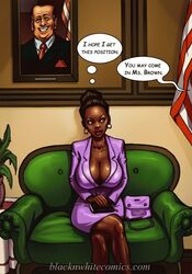 1girls american_flag big_breasts blacknwhitecomics brown_hair cleavage comic dark-skinned_female dark_skin diane_brown earrings english_text female hair_bun huge_breasts human human_only interracial male mayor_white office_lady solo_female the_mayor watermark yair