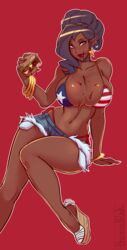 1girls american_flag american_flag_bikini big_breasts bikini bikini_bra bimbo booty_shorts bra bracelet breasts burger busty cheeseburger cleavage dark-skinned_female dark_elf dark_hair dark_skin elf eyeshadow female female_only food jean_shorts ketchup large_breasts lipstick live_for_the_funk makeup mascara navel original_character pointy_ears sauce short_shorts shorts smile solo solo_female star_earrings thong vanessa_(live_for_the_funk) voluptuous wedge_heels whale_tail