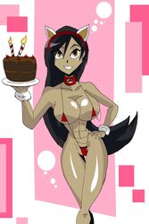 1girls arms_up bare_shoulders big_breasts black_hair bracelet brown_eyes burning_candles busty cake candles chair choker cleavage curvy detailed_background fake_animal_ears female female_only front_view g-string hand_on_hips hands_on_hip hands_on_hips holding_object hourglass_figure human leotard long_hair looking_at_viewer manic47 micro_bikini midriff original_character pose posing shiny shiny_skin sling_bikini smiling solo standing striped_candles very_long_hair voluptuous water wide_hips