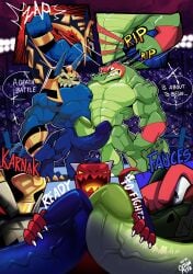 absurd_res anthro anubian_jackal armband audience balls big_penis blue_body blue_fur bone camera_flash canid canine canis casual_nudity cationalfa clothing crocodile crocodilian determined english_text erection fauces_(cationalfa) fighting_ring frottage fur genitals green_body green_scales group head_dress hi_res jackal karnak_(cationalfa) kobold male mammal mask muscular penile penis penis_grab penises_touching public public_nudity reptile saggy_balls scales scalie sex skull skull_head speech_bubble text torn_clothing trio vein veiny_penis